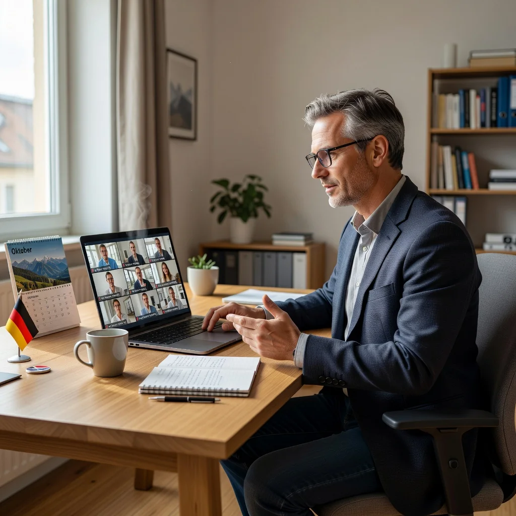 A photorealistic image depicting a professional adult in a hybrid work setup, working remotely from a home office while connected to a corporate environment, symbolizing mobile and hybrid working policies in Germany. The scene shows an adult professional at a desk with a laptop, video call on screen, surrounded by elements like a German flag or subtle corporate branding, emphasizing flexibility and work-life balance. No children or any underage individuals are present.