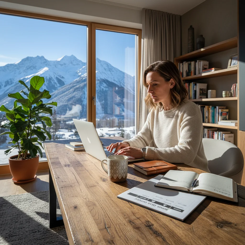 A photorealistic image depicting a professional adult woman working remotely from a cozy home office in Austria, with a laptop on a wooden desk, a window showing Alpine mountains in the background, and elements suggesting hybrid work like a calendar with office and home days marked, conveying balance between mobile and office work.