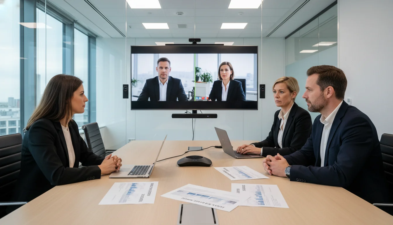 Team collaborating in hybrid office meeting