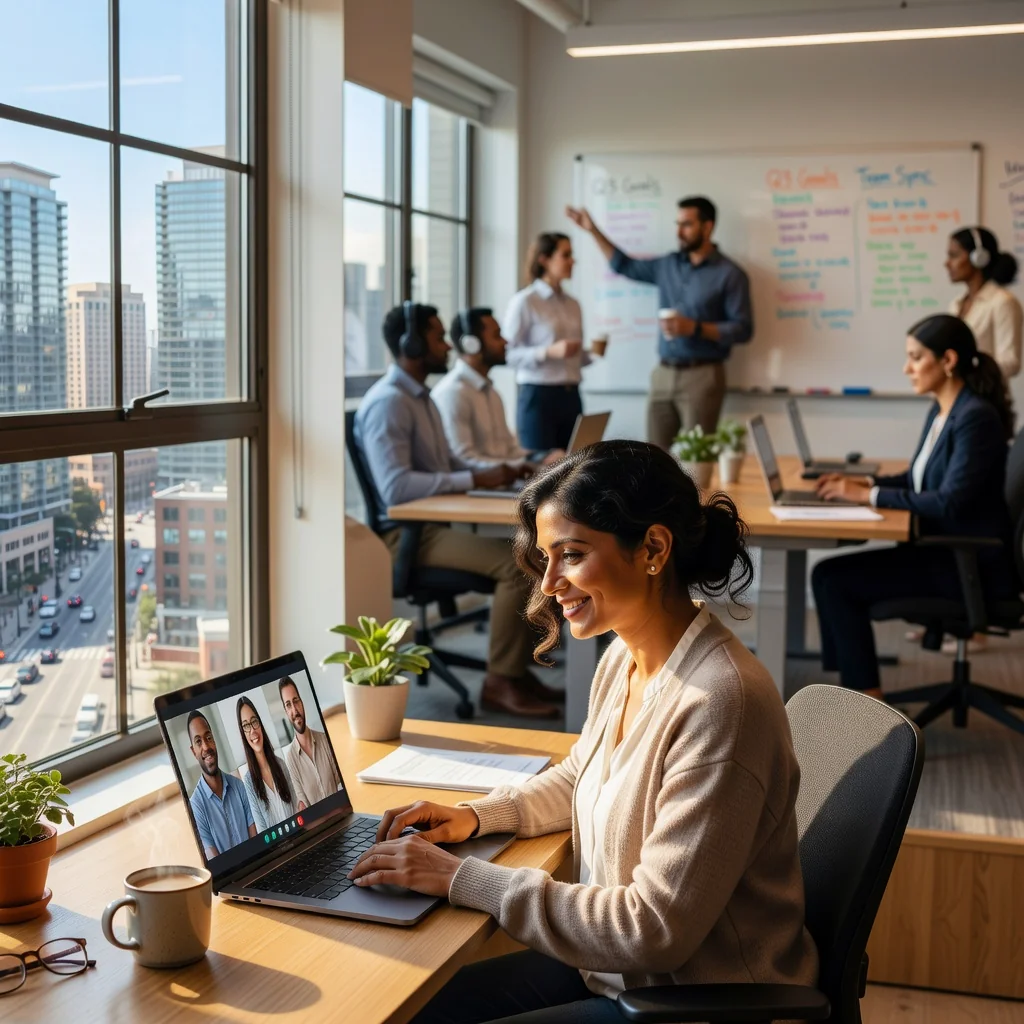 A photorealistic image depicting a diverse group of adult professionals engaged in remote and hybrid work. In the foreground, a woman in her 30s works from a home office setup with a laptop, video call on screen showing colleagues. In the background, another professional collaborates in a modern office space with flexible workstations, symbolizing balanced remote and hybrid work environments. No children or minors are present. The scene conveys productivity, flexibility, and modern work culture in the United States.