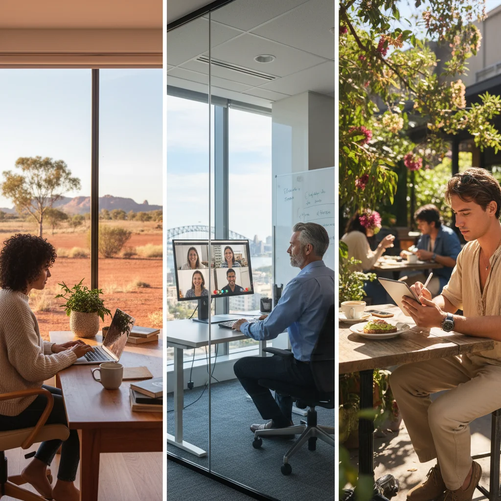 A photorealistic scene depicting remote and hybrid work in an Australian corporate setting, showing a diverse group of adults: one professional working from a home office with a laptop overlooking a scenic Australian landscape, another in a modern office collaborating via video call, and a third in a cafe setting with a notebook, emphasizing flexibility and productivity without any corporate documents visible.