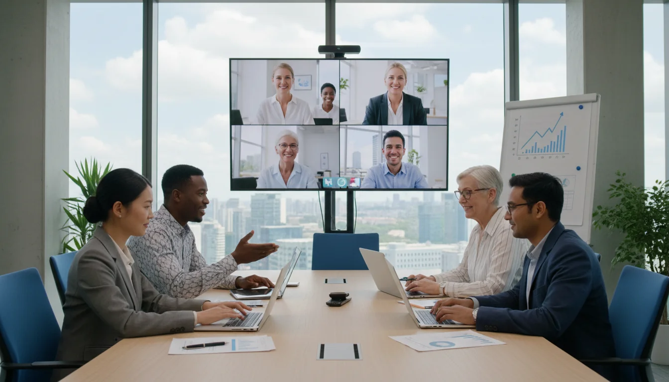 Team collaborating in hybrid office meeting