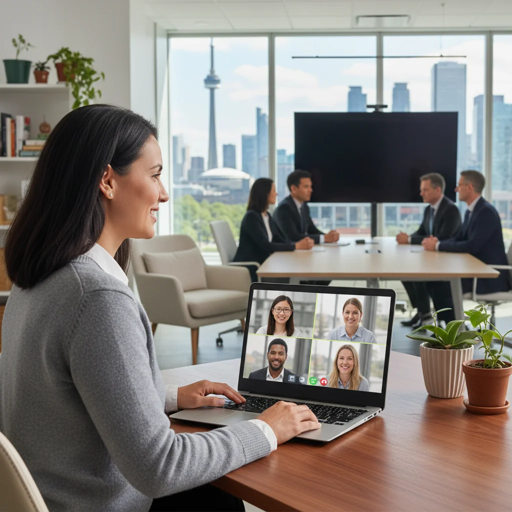 A photorealistic image depicting remote and hybrid work in a Canadian corporate setting, showing a diverse group of adult professionals working from home and office environments, with elements like laptops, video calls, and scenic Canadian backgrounds, symbolizing work-life balance and policy guidelines.