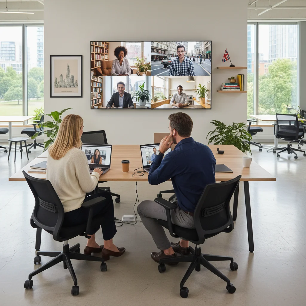 A photorealistic scene depicting remote and hybrid working in a corporate UK setting, showing a diverse group of professionals in a modern office collaborating with remote workers via video call on large screens, with elements like laptops, coffee mugs, and UK landmarks visible in the background, conveying flexibility and productivity without focusing on documents.
