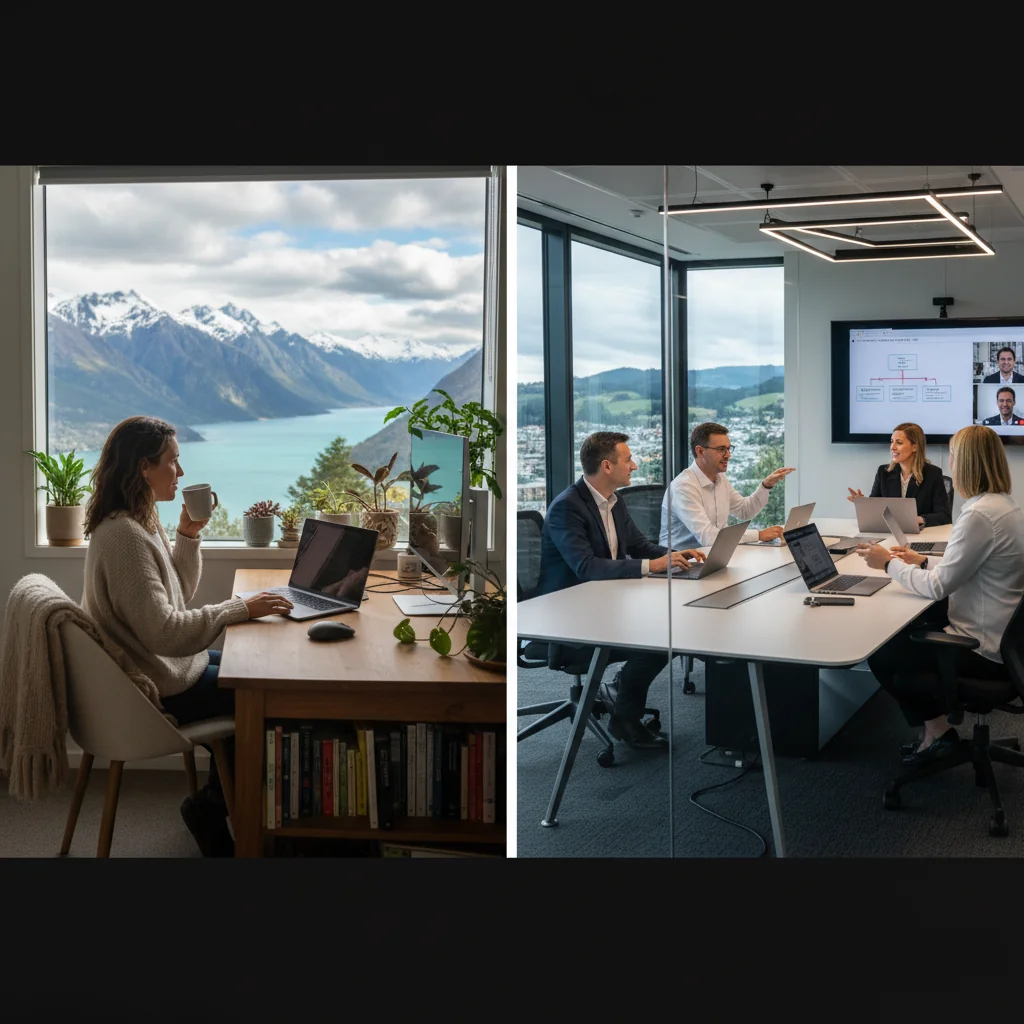 A photorealistic scene depicting remote and hybrid work in a New Zealand setting, showing a diverse group of adult professionals working flexibly: one person in a modern home office with a laptop overlooking scenic New Zealand landscape, another in a collaborative office space with colleagues, emphasizing balance, productivity, and work-life integration. No children present.