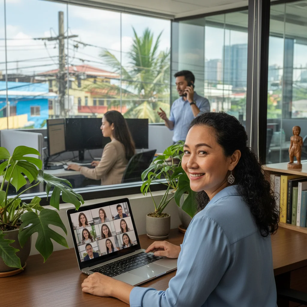 A photorealistic image depicting remote and hybrid work in a Philippine corporate setting, showing a diverse group of adult professionals working from home and office spaces. One person is video conferencing from a home office with a laptop and Philippine flag in the background, another is collaborating in a modern office with city skyline view, emphasizing balance and productivity without any focus on documents.
