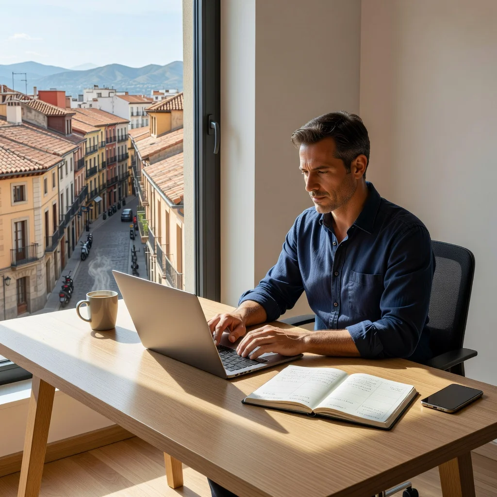A photorealistic image depicting a professional in a hybrid work setup in Spain, showing a person working from home with a laptop, a window overlooking a Spanish cityscape, and elements suggesting balance between remote and office work, such as a calendar with hybrid schedule, no children present.