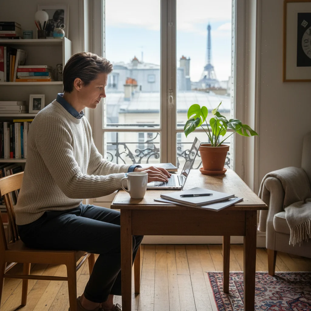 A photorealistic image of a professional adult working remotely from home in France, sitting at a modern desk with a laptop, surrounded by subtle French elements like a window view of Parisian architecture, emphasizing work-life balance and telecommuting.