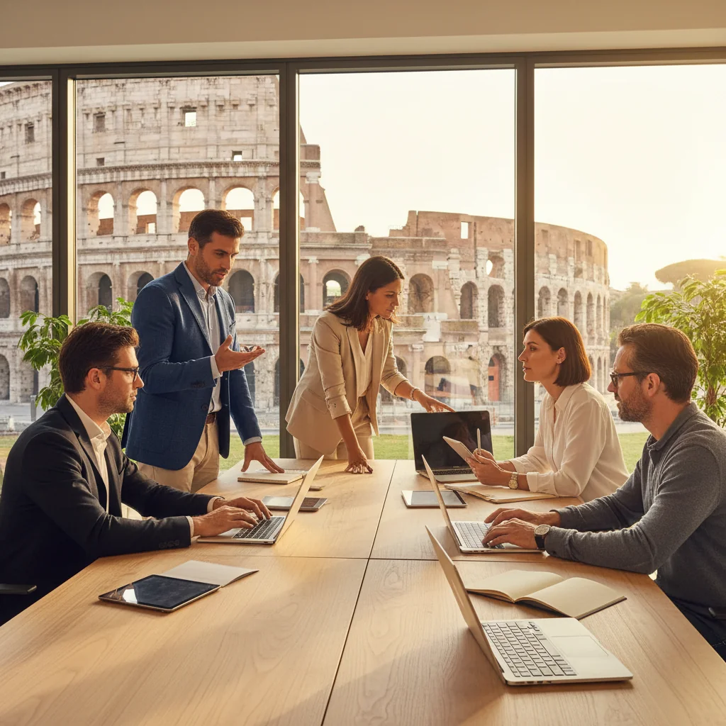 A photorealistic image depicting agile working in an Italian corporate environment, showing diverse adult professionals collaborating in a modern open-plan office with Italian elements like a view of the Colosseum in the background, symbolizing flexible work policies without focusing on documents.