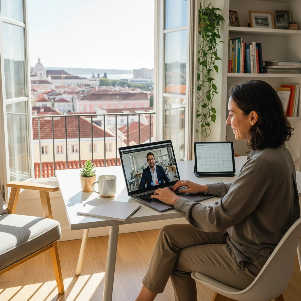 A photorealistic image representing telework and hybrid work in a Portuguese corporate setting, showing a professional adult working remotely from a modern home office with a laptop, while another adult colleague collaborates via video call on a screen, evoking balance between remote and office environments, with subtle Portuguese elements like a flag or Lisbon skyline in the background. No children are present.