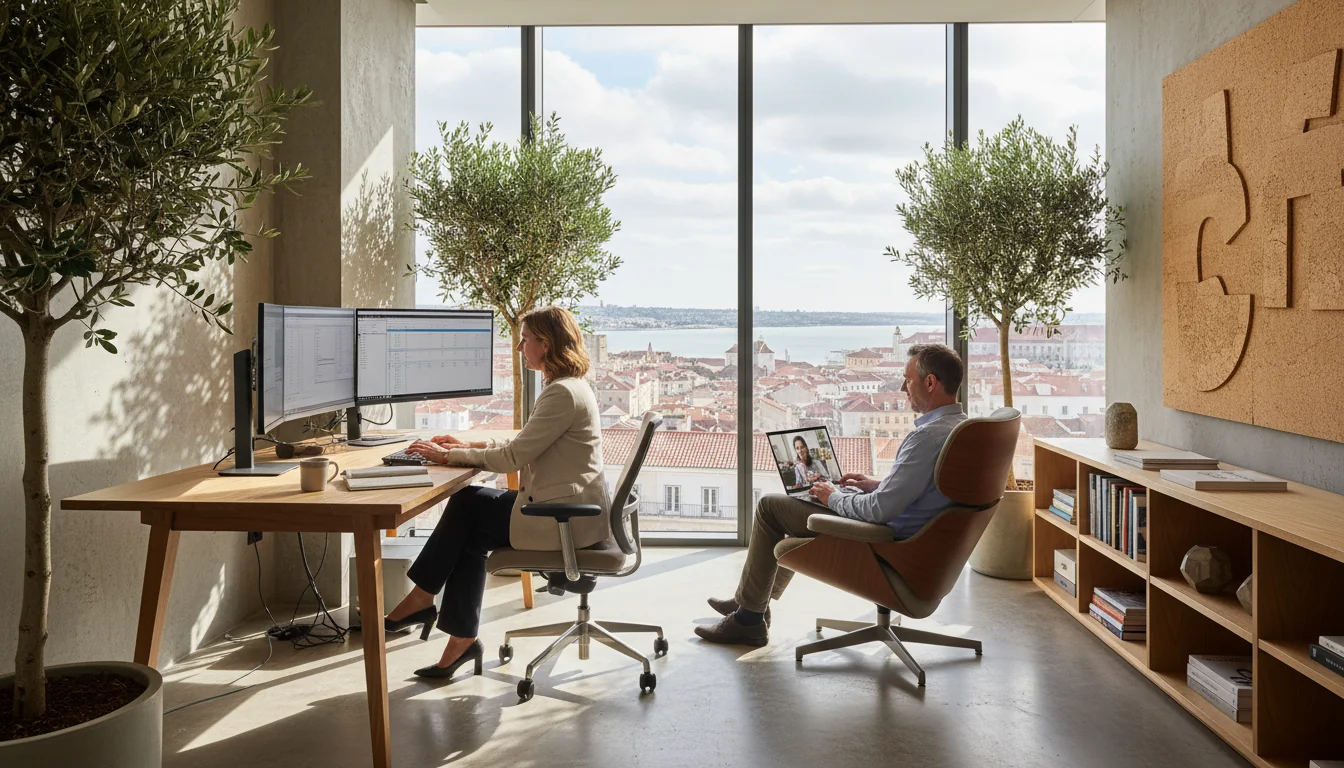 Professionals in hybrid office setup