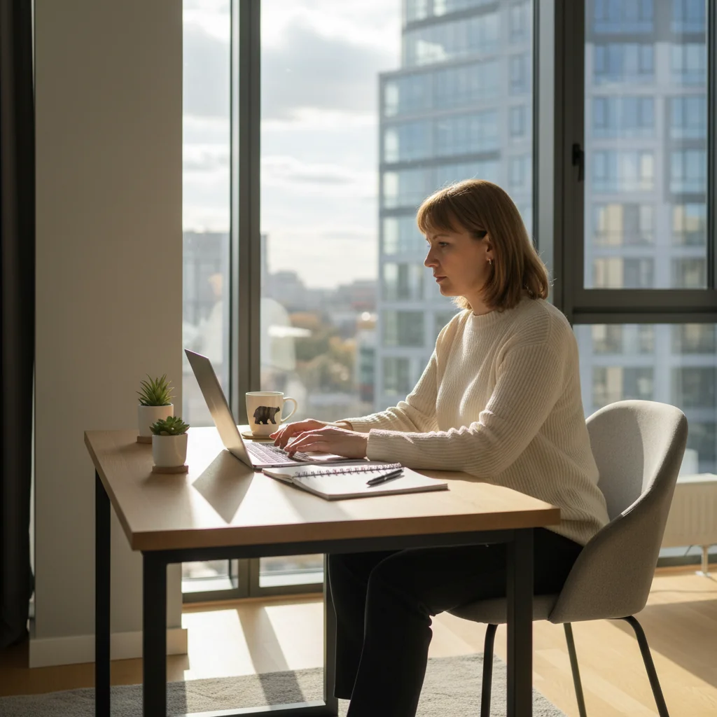 A photorealistic image depicting a professional adult employee working remotely from a modern home office setup in Russia, with a laptop, coffee mug, and a window showing a cityscape, symbolizing distance and mixed work arrangements. No children are present. The scene conveys productivity and flexibility in corporate work policies.