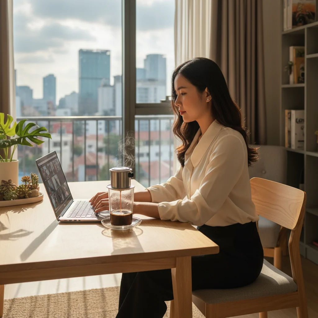 A photorealistic image of a professional Vietnamese woman working remotely from a modern home office in Vietnam, with a laptop on a desk, natural light from a window showing a cityscape, and a cup of coffee nearby, symbolizing flexible work policies like remote and hybrid work. No children or documents are visible. The scene conveys balance and productivity in a corporate remote work environment.
