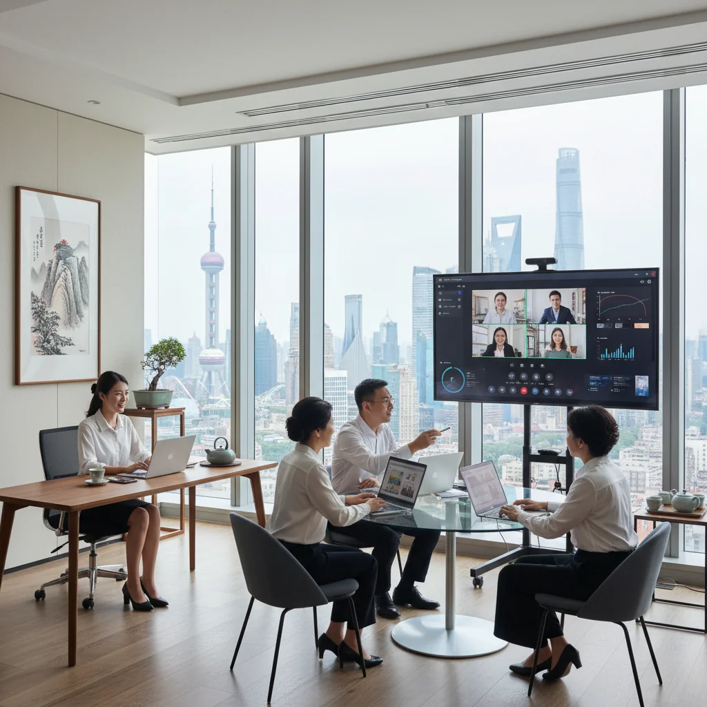 A photorealistic image depicting remote and hybrid office work in a modern Chinese corporate setting, showing diverse adult professionals collaborating virtually and in a shared office space with laptops, video calls, and contemporary office environment, no children present.