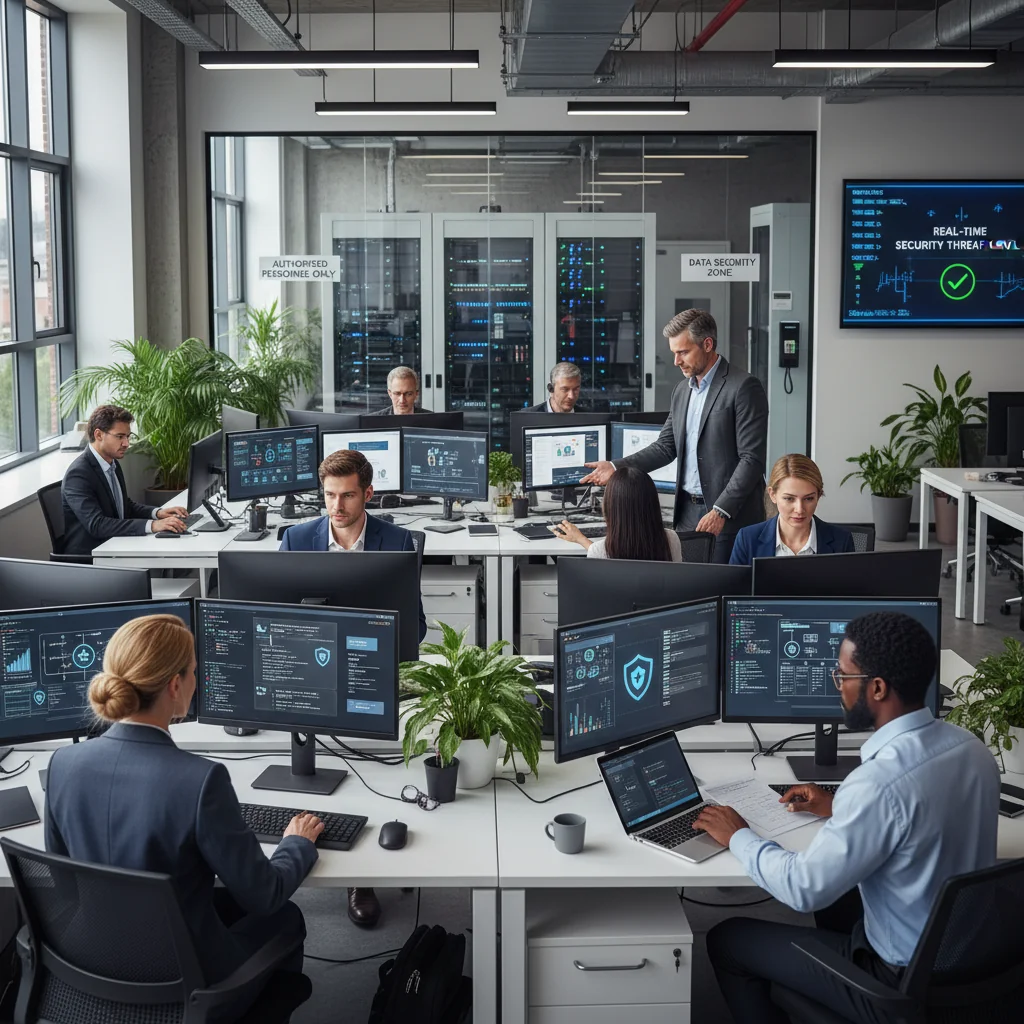A photorealistic image of a diverse group of adult professionals in a modern corporate office, collaborating on laptops and discussing cybersecurity protocols around a conference table, symbolizing the importance of IT acceptable use policies for business security and compliance. No children present.