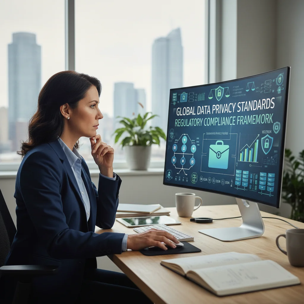 A photorealistic image of a professional adult in a modern office setting, reviewing digital documents on a computer screen related to information system usage policies, symbolizing legal obligations in IT compliance, with no children present.