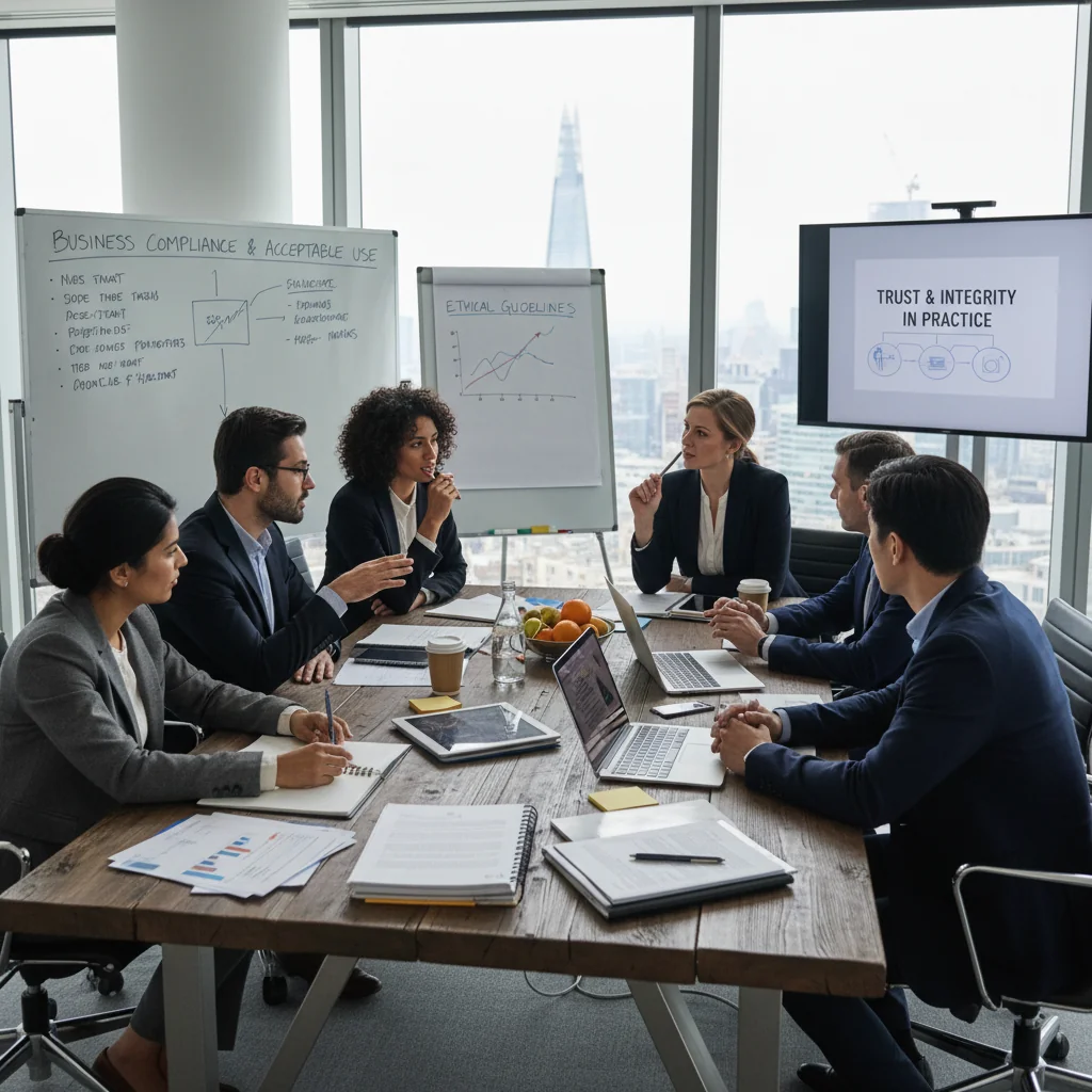 A photorealistic image of a professional business meeting in a modern UK office, showing diverse adult employees discussing compliance policies around a conference table, with laptops and documents, emphasizing ethical business practices and teamwork.