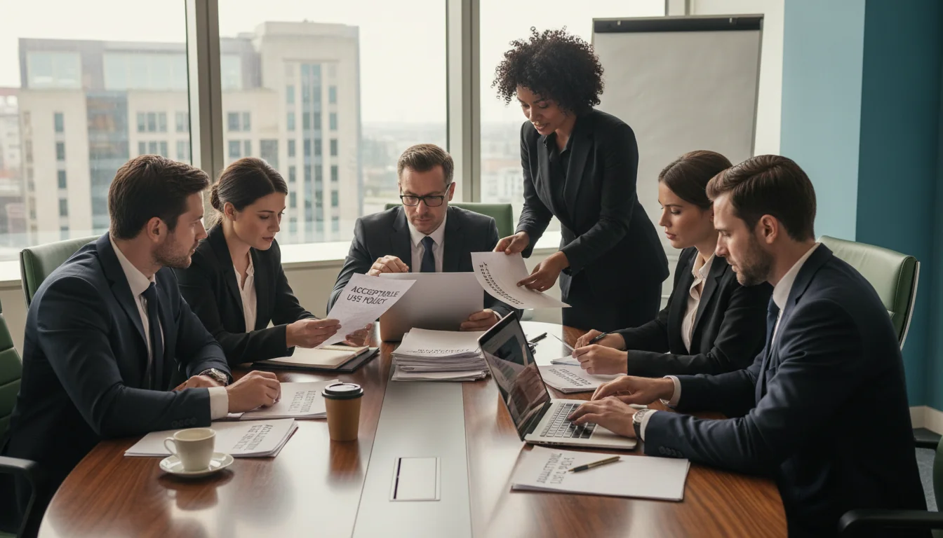 Business team reviewing policy documents