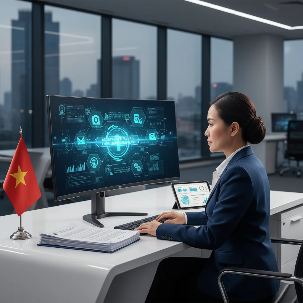 A photorealistic image depicting a professional adult Vietnamese businessperson in a modern office setting, reviewing digital information on a computer screen related to information systems and policies, symbolizing acceptance and compliance in Vietnam's IT landscape, with subtle Vietnamese cultural elements like a flag or Hanoi skyline in the background, no children present.