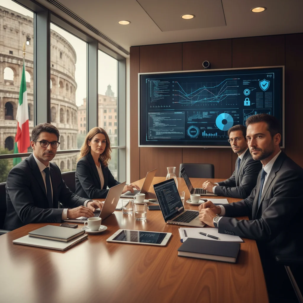 A photorealistic image depicting the importance of IT policy in Italian businesses, showing a diverse group of professional adults in a modern Italian office setting, engaged in a strategic meeting around a digital tablet displaying IT security icons, with subtle Italian elements like a map of Italy or Roman architecture in the background, emphasizing collaboration and technology governance.