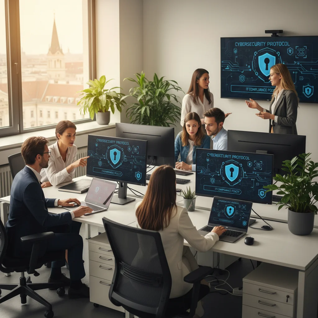 A photorealistic image of a professional IT team in a modern Austrian office, collaboratively reviewing digital security protocols on computers, symbolizing the creation of an IT usage policy, with no children present.