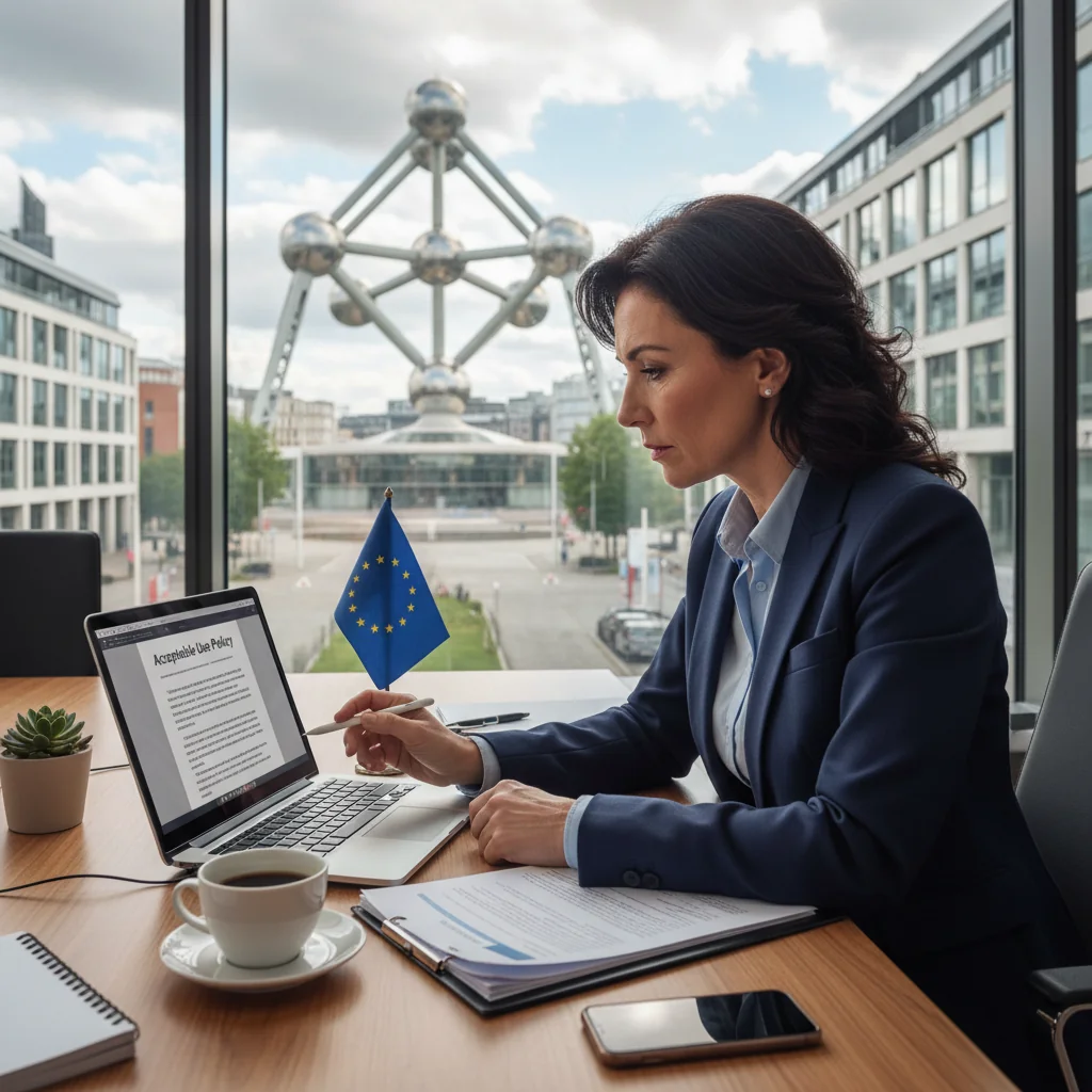 A photorealistic image of a professional adult individual in a modern office environment in Belgium, thoughtfully reviewing digital policy documents on a computer screen, with subtle Belgian elements like a flag or Brussels skyline in the background, symbolizing understanding and compliance with acceptable use policies. No children are present in the image.