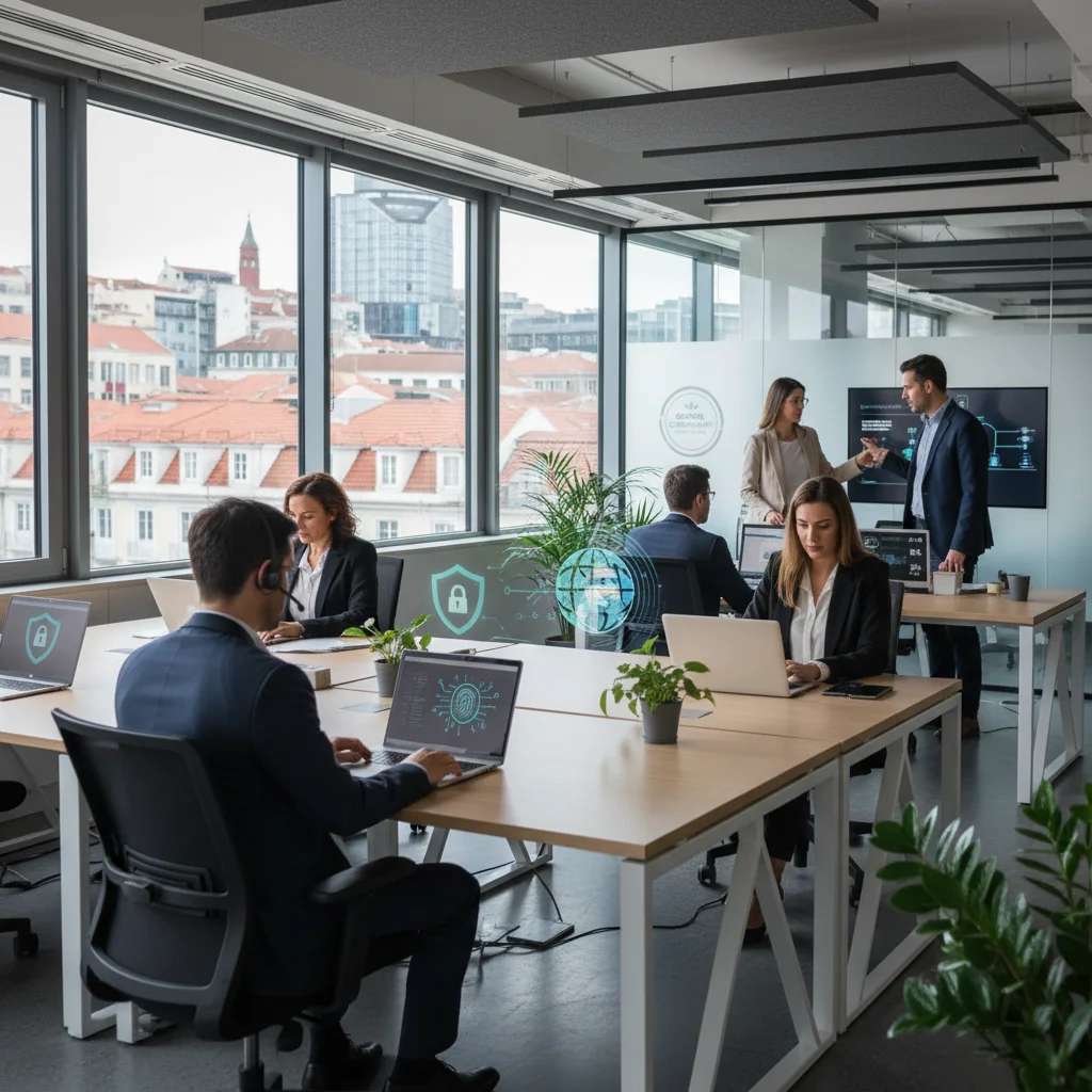 A photorealistic image depicting a professional IT workplace in Portugal, with adults using computers securely in a modern office, symbolizing safe and acceptable IT usage policies. No children are present.