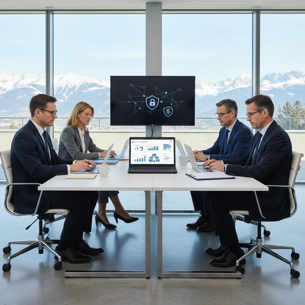 A photorealistic image of a professional business meeting in a modern Swiss office, with diverse adult employees discussing IT security policies on laptops and tablets, emphasizing compliance and data protection in a corporate setting, no children present.