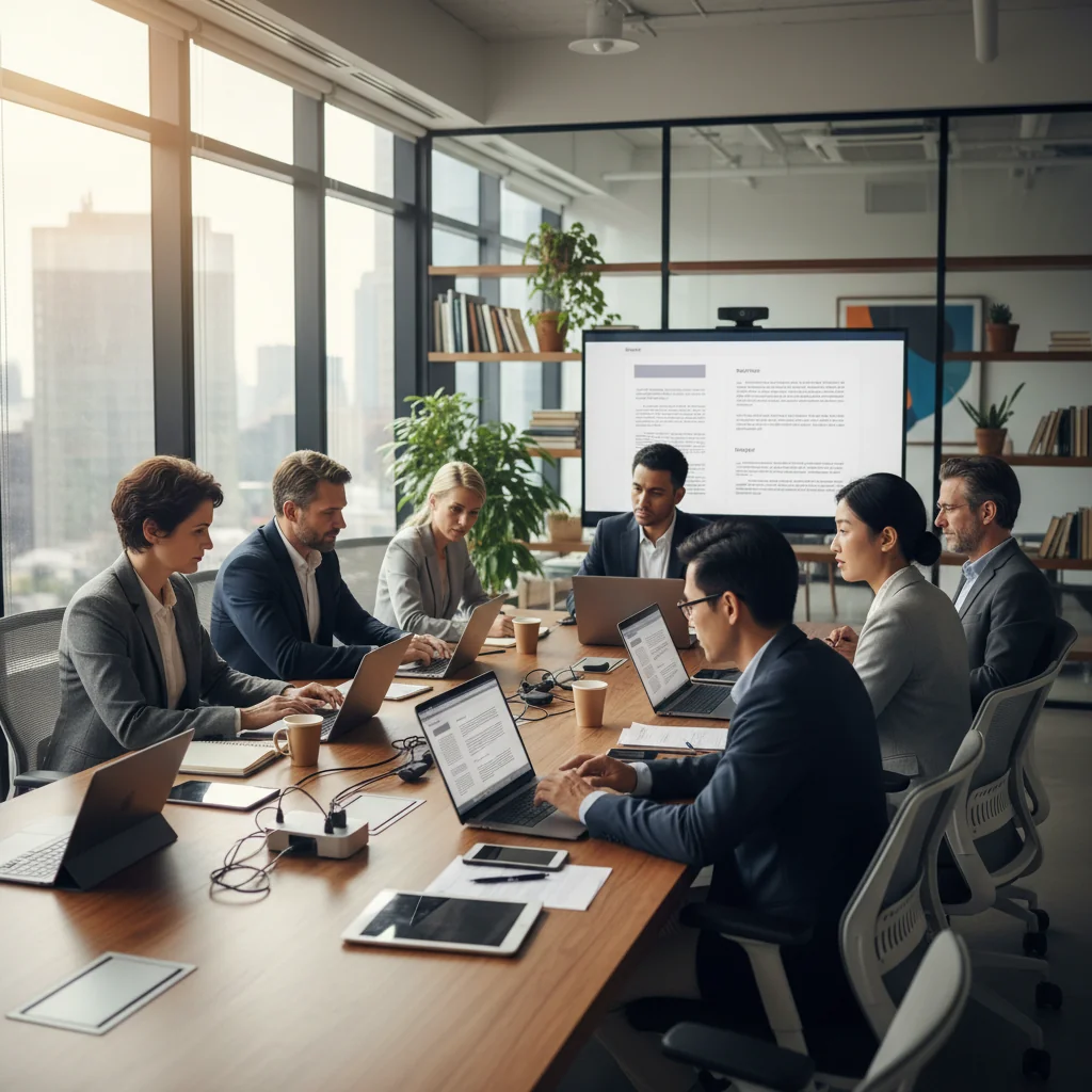 A photorealistic image of a diverse group of adult professionals in a modern office setting, collaboratively reviewing and discussing digital policies on laptops and tablets, symbolizing the implementation of acceptable use guidelines in a professional environment. The scene conveys trust, compliance, and teamwork among adults only.