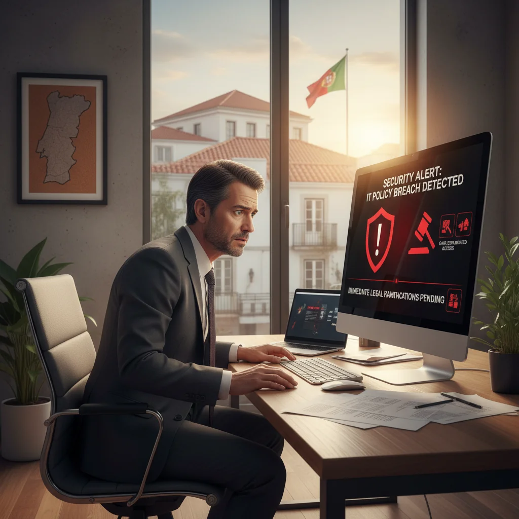 A photorealistic image depicting a professional adult businessperson in a modern Portuguese office setting, looking concerned while reviewing legal documents on a computer screen related to IT policy violations, symbolizing the legal consequences in a corporate environment. No children are present in the image.