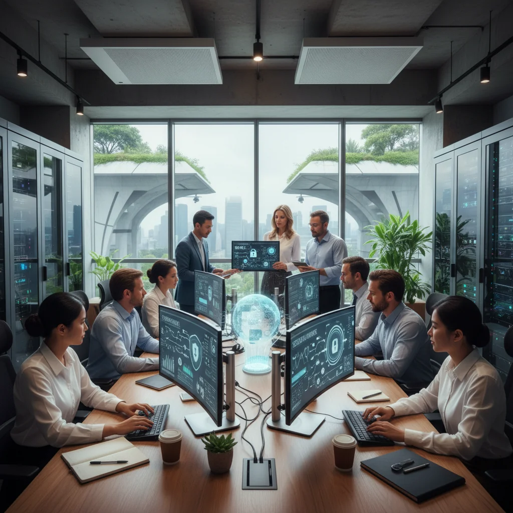 A photorealistic image of a diverse group of professional adults in a modern Singapore office environment, collaborating on IT systems with secure data interfaces on screens, symbolizing adherence to IT acceptable use policies in a business setting. The atmosphere is professional and innovative, with elements like laptops, servers, and subtle Singapore skyline in the background. No children are present in the image.