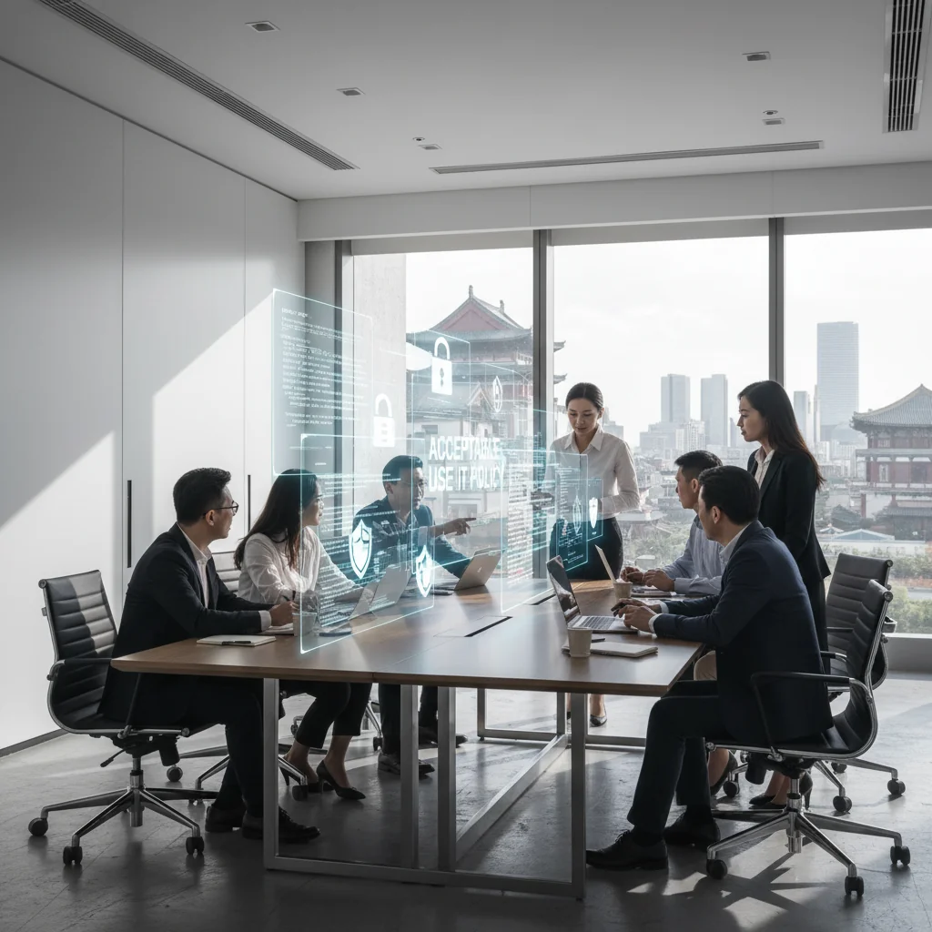 A photorealistic image of a diverse group of adult IT professionals in a modern office setting, collaboratively reviewing digital guidelines on secure computer screens, symbolizing the formulation of acceptable use policies for information technology in a Chinese business context, with elements like Chinese architecture in the background, no children present.