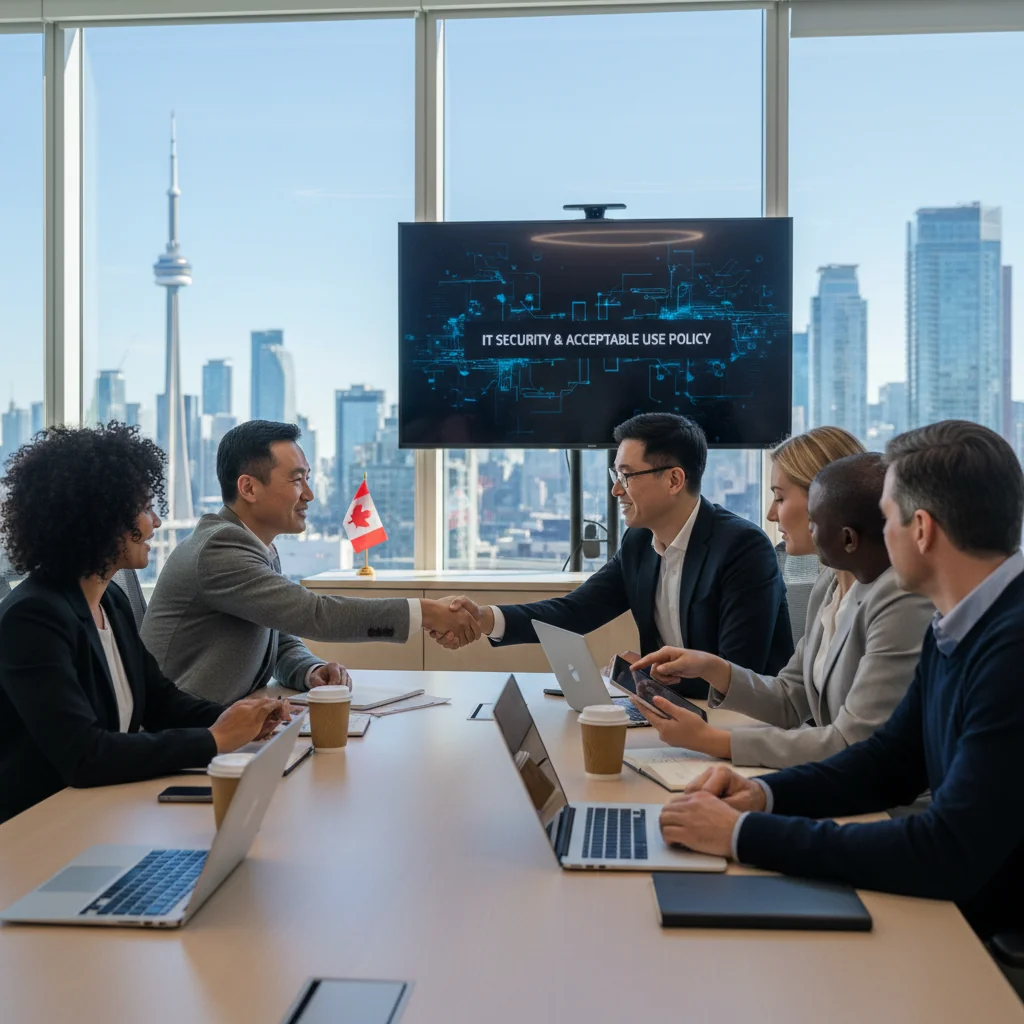 A photorealistic image of a diverse group of adult professionals in a modern Canadian office setting, collaborating on laptops and discussing cybersecurity and IT policies, with subtle Canadian elements like a maple leaf in the background, emphasizing safe and ethical technology use in a workplace environment. No children are present.