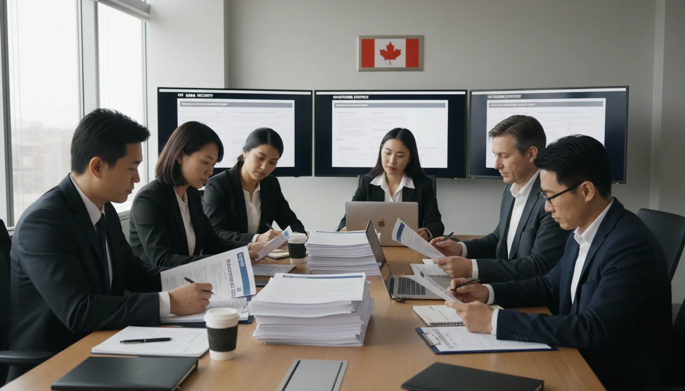 Office workers reviewing IT policy documents