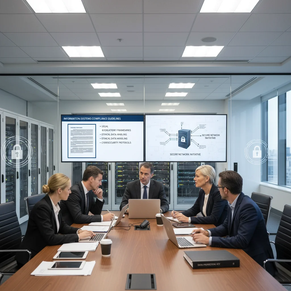 A photorealistic image of a professional office environment where adults are collaboratively reviewing digital information systems policies on computers, symbolizing legal obligations and responsible use of IT resources in a corporate setting, with no children present.