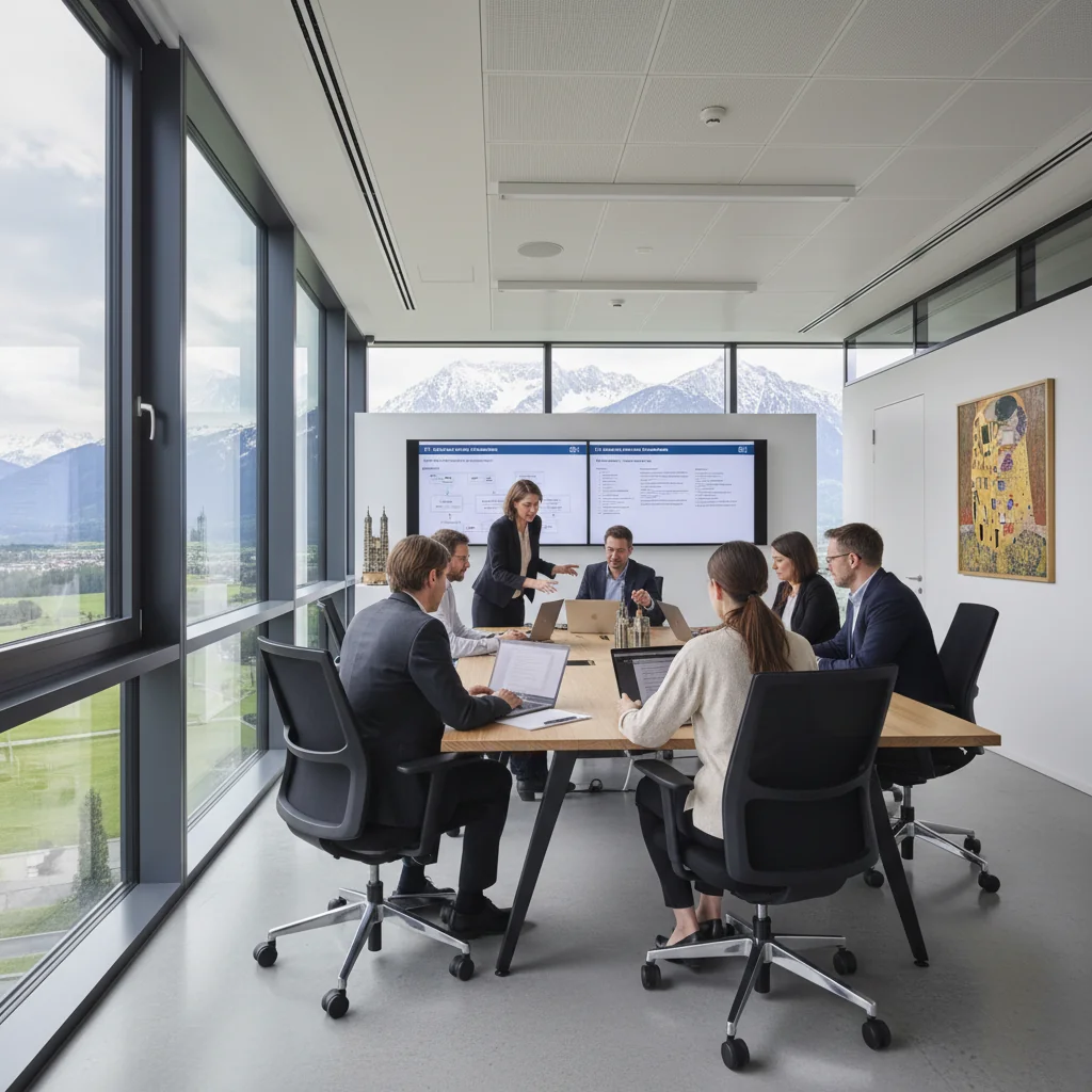A photorealistic image depicting a professional office environment in Austria, showing a diverse team of adult IT professionals collaborating on computers and discussing data security policies, with subtle Austrian elements like alpine views through the window, emphasizing legal compliance and technology use in a corporate setting. No children are present.