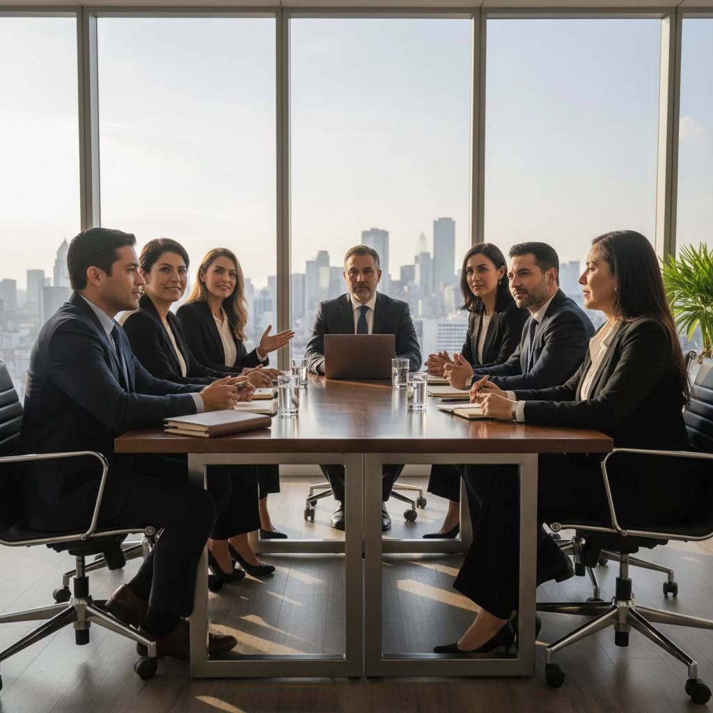 A photorealistic image of a diverse group of professional adults in a modern Mexican corporate office, engaged in a collaborative discussion around a conference table, symbolizing the importance of acceptable use policies in fostering a secure and productive work environment. The scene includes elements like laptops and office decor with subtle Mexican cultural touches, such as vibrant colors or artwork, but no documents or text visible. No children are present in the image.