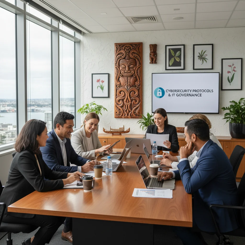 A photorealistic image of a diverse group of adult professionals in a modern New Zealand office setting, collaborating on computers and discussing IT security policies, symbolizing effective implementation of an IT acceptable use policy in an organization.