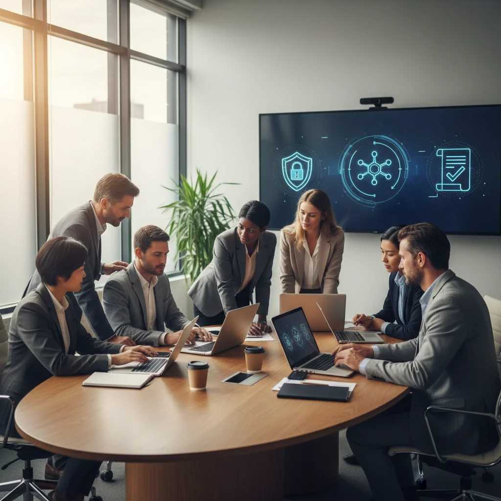 A photorealistic image of a diverse group of adult professionals in a modern office environment, collaboratively reviewing digital security protocols on multiple computer screens, symbolizing the implementation of IT acceptable use policies to ensure safe and compliant technology usage in a corporate setting. The atmosphere is professional and focused, with elements like locked laptops, network diagrams, and team discussion to represent policy enforcement.