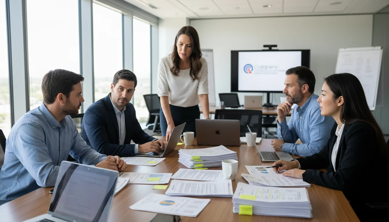 Team reviewing policy guidelines