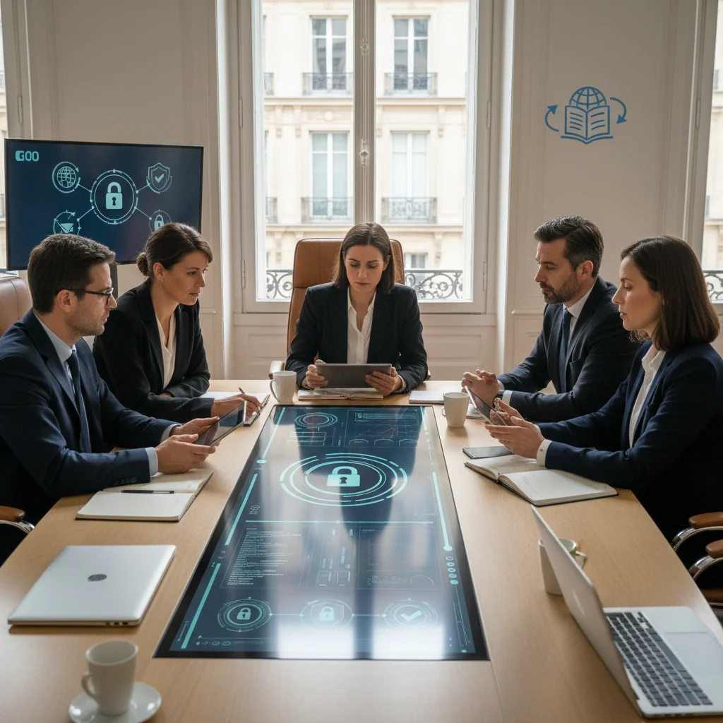 A photorealistic image of a diverse group of professional adults in a modern French office setting, collaboratively reviewing digital documents on laptops and tablets, symbolizing effective IT usage policies and data security in a corporate environment.