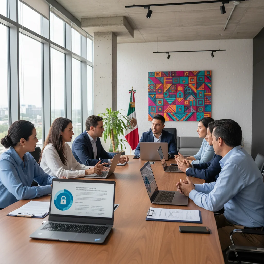 A photorealistic image of a diverse group of professional adults in a modern Mexican office environment, collaboratively reviewing digital policies on secure computers, symbolizing acceptable IT use and data security in a business setting, with elements like Mexican cultural motifs in the background to represent the location.
