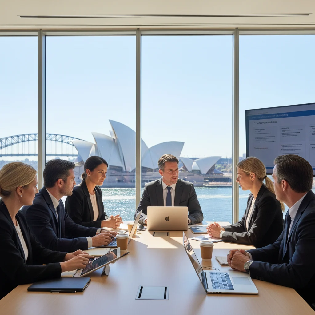 A photorealistic image of a professional business meeting in a modern Australian office, with diverse adults discussing IT security policies on laptops and tablets, symbolizing compliance and safe technology use in a corporate environment. The scene includes Australian elements like a view of Sydney Harbour through the window, emphasizing guidelines for businesses.