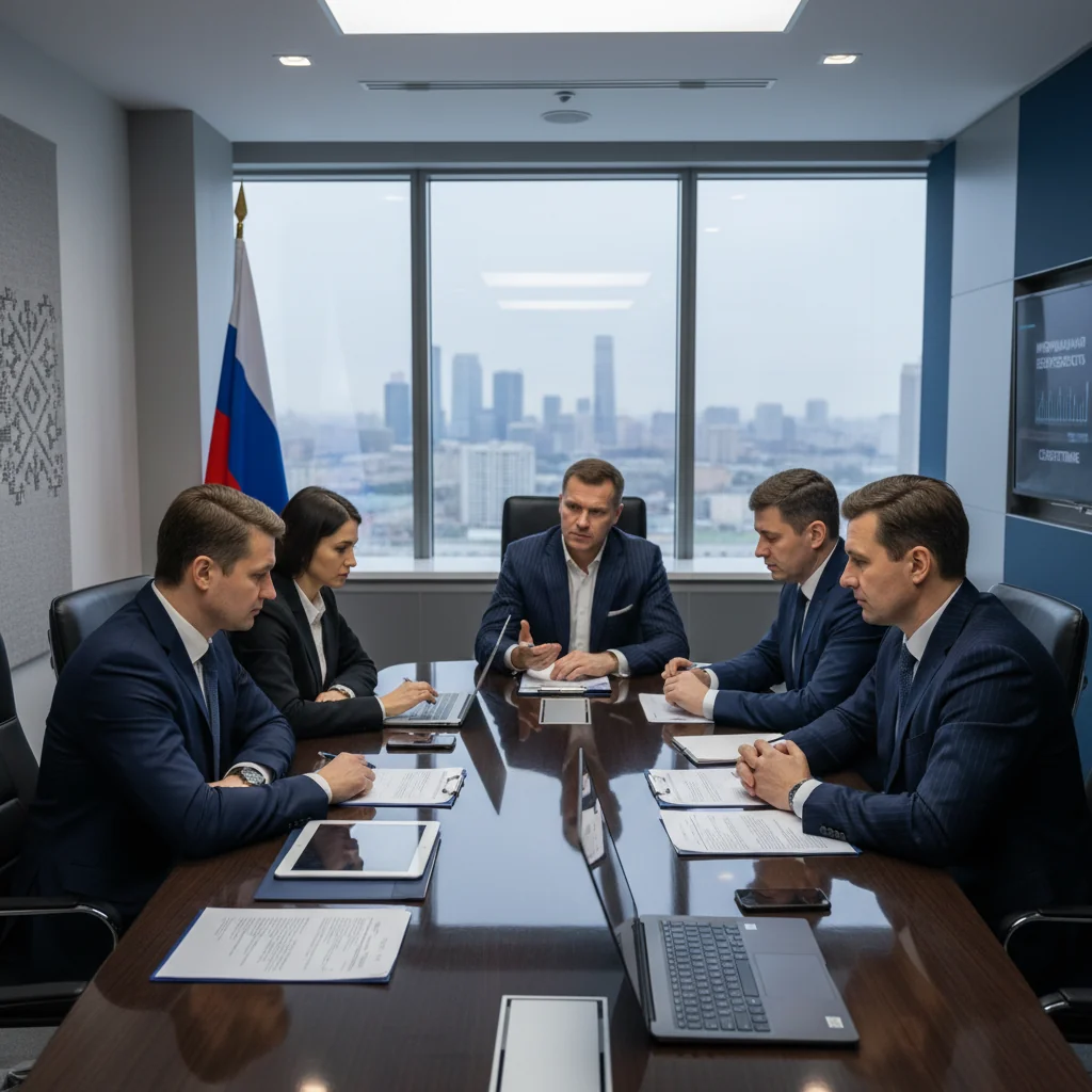 A photorealistic image of a professional business meeting in a modern Russian corporate office, where IT executives and lawyers are discussing digital policy documents on laptops and tablets, symbolizing the legislative framework for IT usage in Russian companies. The scene conveys compliance, innovation, and technology integration in a business setting, with no children present.