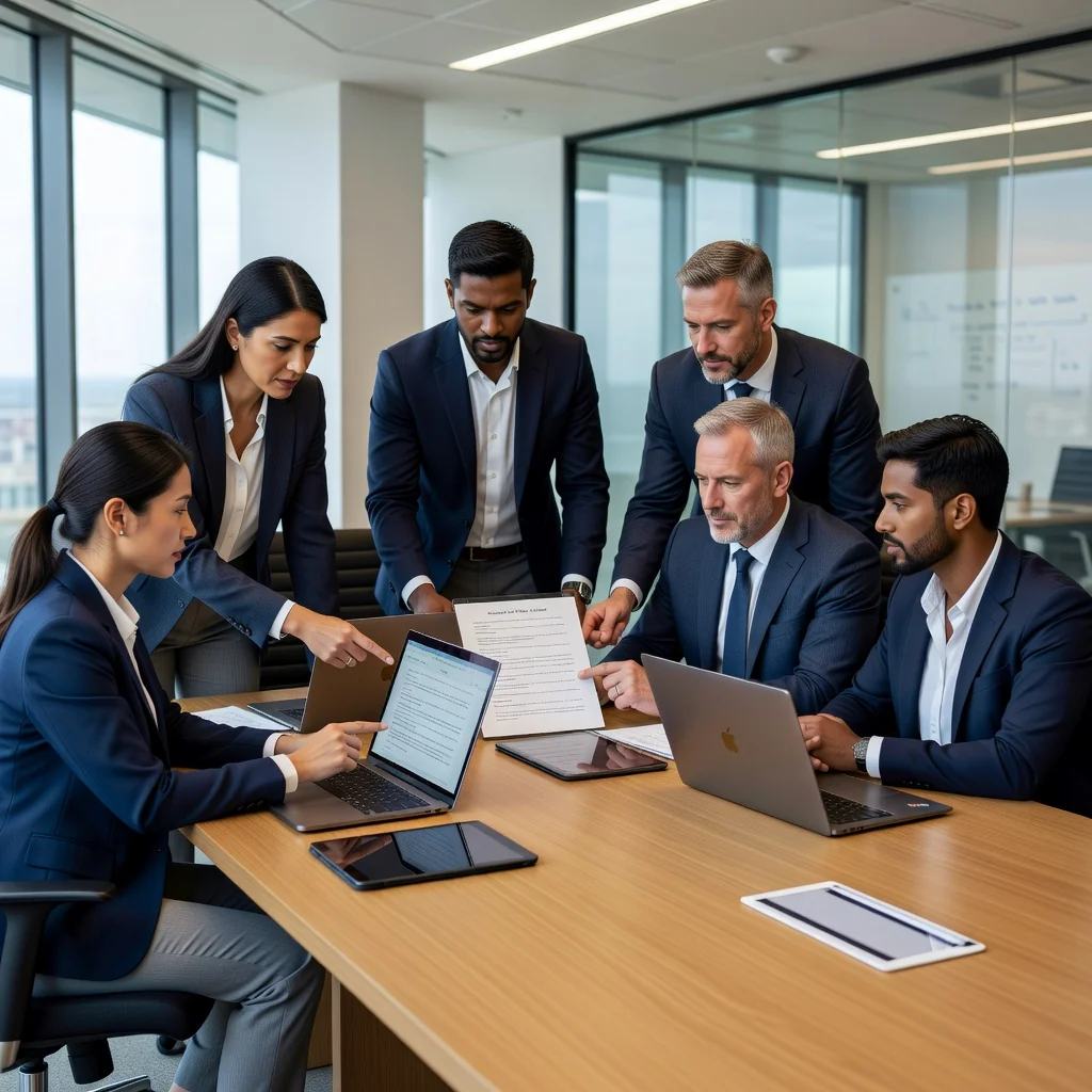A photorealistic image of a diverse group of professionals in a modern office setting, collaboratively reviewing digital policies on laptops, symbolizing careful drafting and adherence to acceptable use guidelines, with no children present.