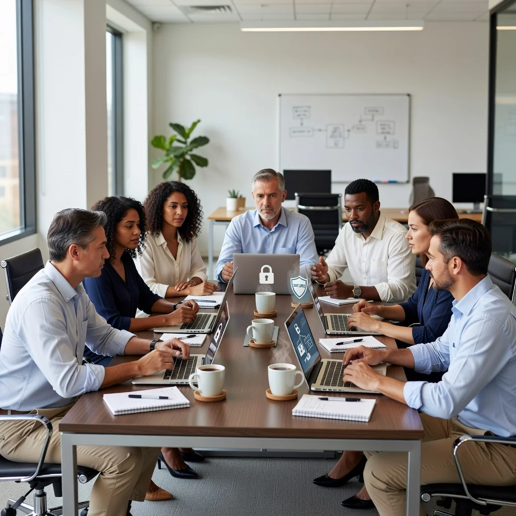 A photorealistic image of a professional business meeting in a modern office, where diverse adult colleagues are discussing IT security policies around a conference table with laptops and documents, symbolizing the implementation of an acceptable IT use policy in an organization. No children present.
