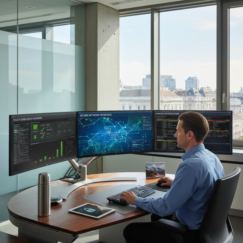 A photorealistic image of a professional office environment in Austria, featuring an adult IT specialist working at a modern computer workstation with secure data icons subtly in the background, emphasizing IT policy compliance and cybersecurity in a corporate setting. No children are present in the image.