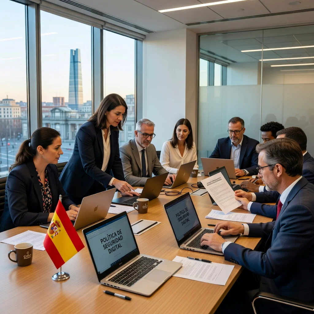 A photorealistic image depicting a professional IT team in a modern Spanish office setting, discussing and implementing acceptable IT use policies, with elements like computers, network diagrams, and compliance symbols in the background, conveying security, collaboration, and responsible technology use.