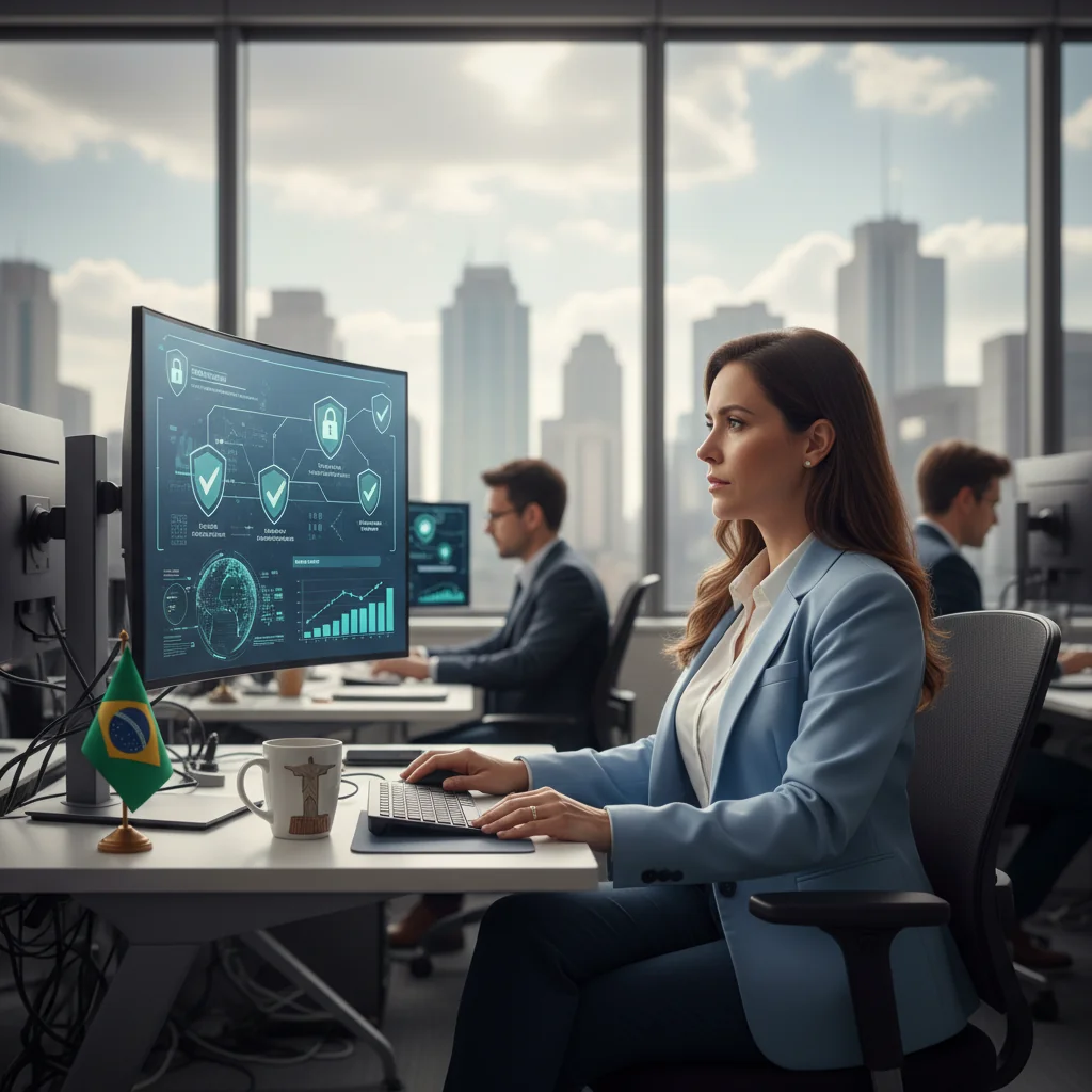 A photorealistic image depicting a professional adult in a modern Brazilian office setting, symbolizing IT security and acceptable use policies. The scene shows the person thoughtfully reviewing data on a secure computer screen with Brazilian flag elements in the background, emphasizing importance and compliance in a corporate environment. No children are present.