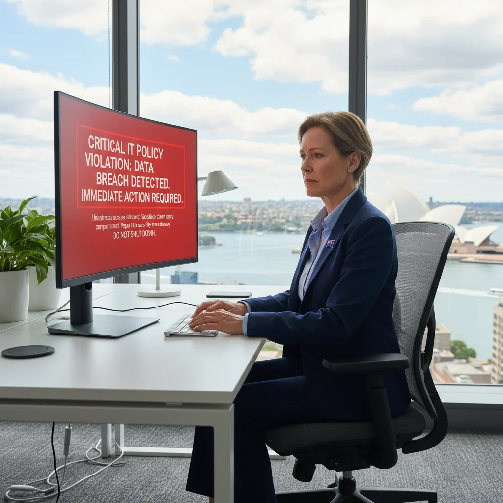 A photorealistic image of a professional adult office worker looking concerned while viewing a computer screen displaying a cybersecurity warning or policy violation alert, in a modern Australian corporate office setting with subtle elements like the Australian flag or Sydney skyline in the background, emphasizing IT security and legal compliance without focusing on documents.